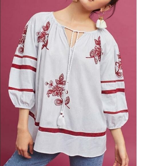 Anthropologie velvet by graham & Spencer Ola embroidered peasant top Sz M - Picture 2 of 11